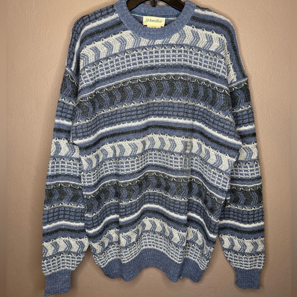 Vintage 80s 90s Men's Blue and White Knit Sweater NWT Coogi Style Medium Tall